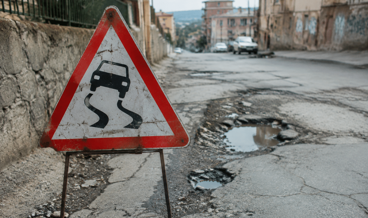 Panneaux avertissement rues délabrées quartier urbain dangereux