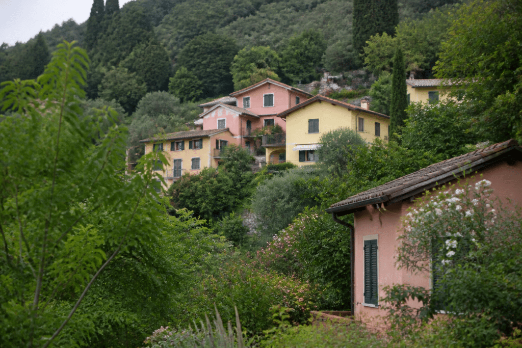 Maisons colorees entourees de verdure sur colline tranquille