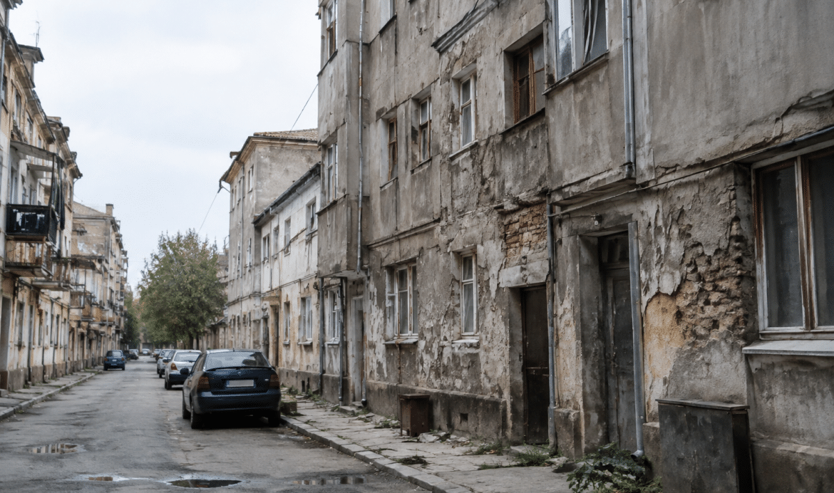 Rue urbaine delabree avec batiments deteriores et facades grisatres