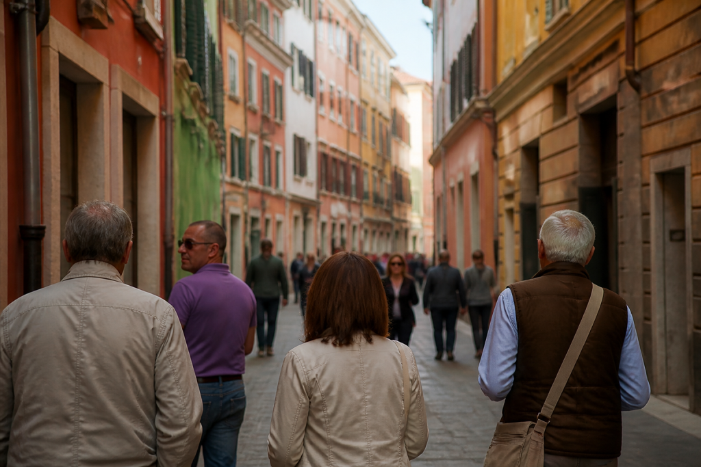 Rues animees avec immeubles colores et passants en journee