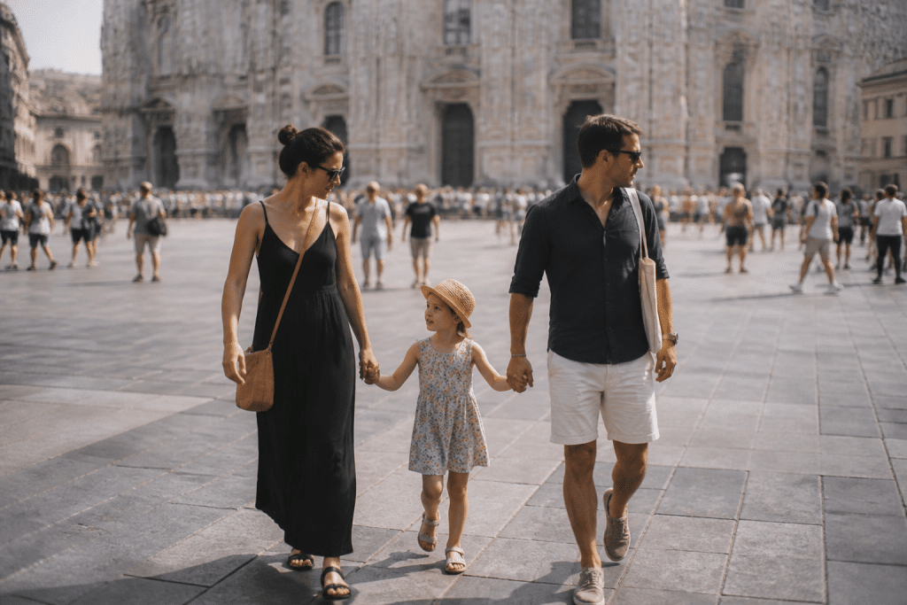 Famille marchant sur place publique colorée avec cathedral en arriere-plan