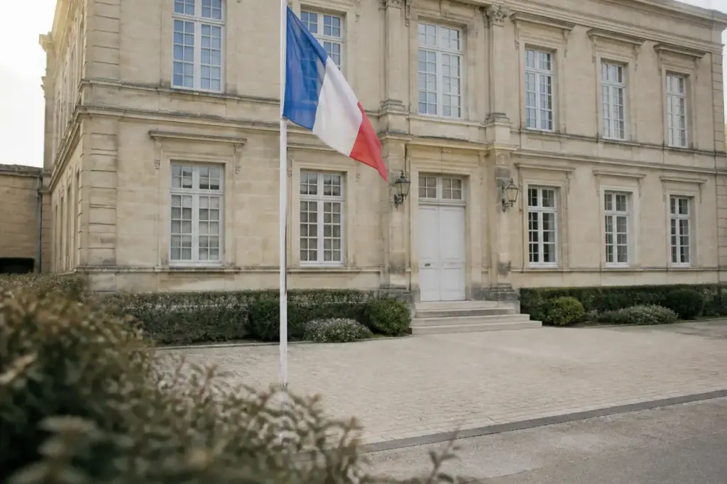 Facade de mairie avec drapeau tricolore devant