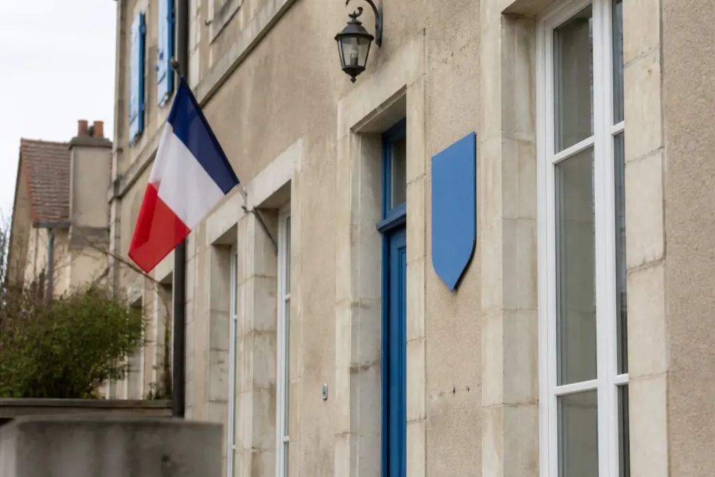 Facade de mairie avec drapeau tricolore et panneau bleu