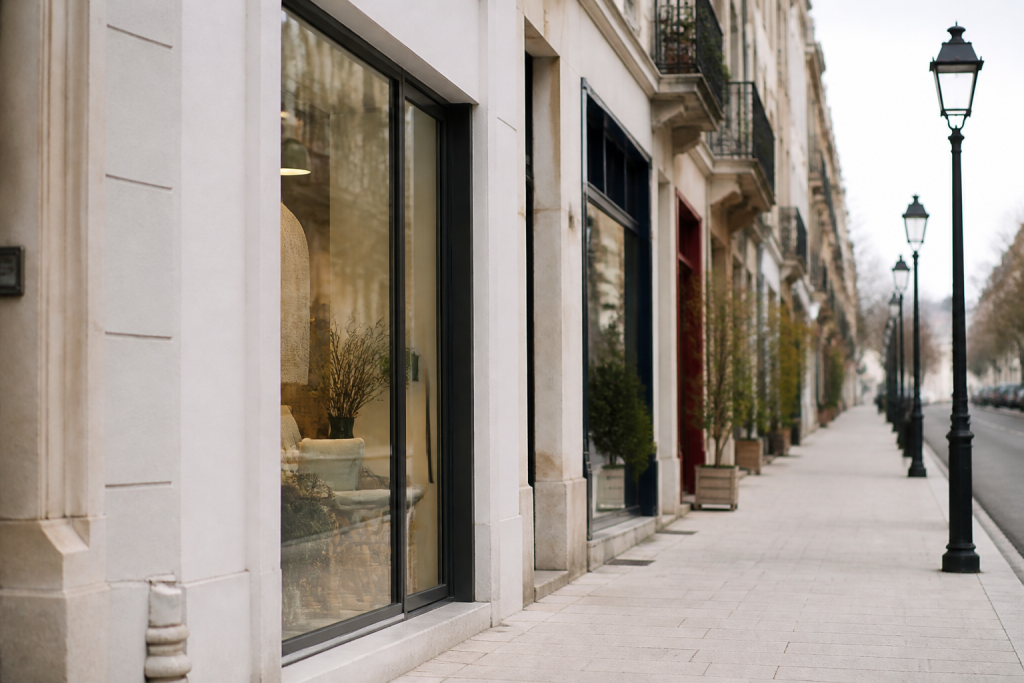 Facade propre, vitrines commerces, eclairage public