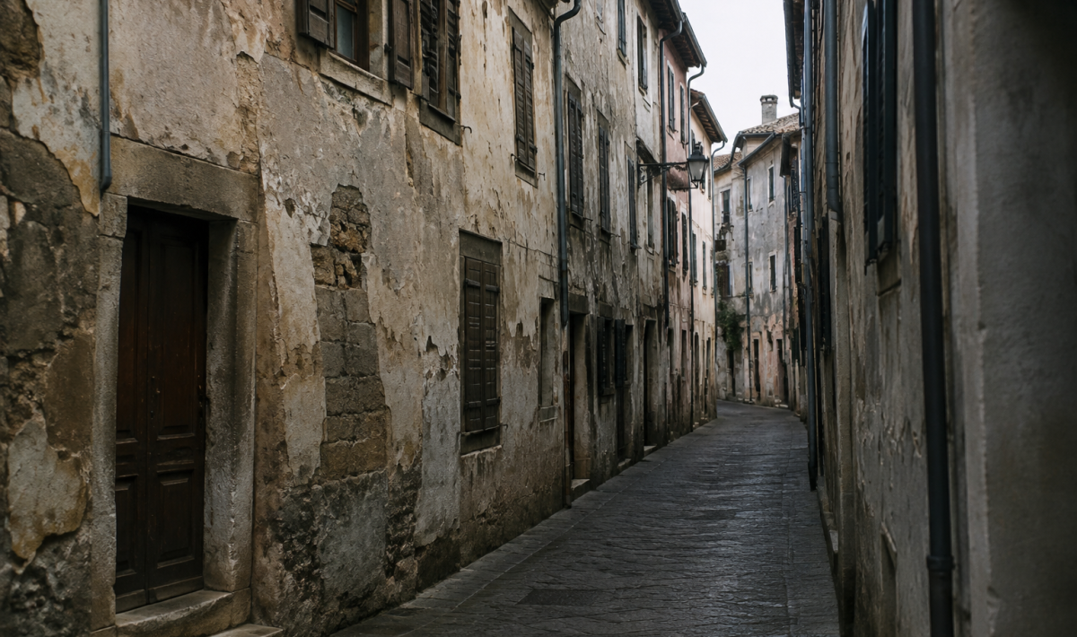 Facades deteriores bordant une rue etroite et sombre