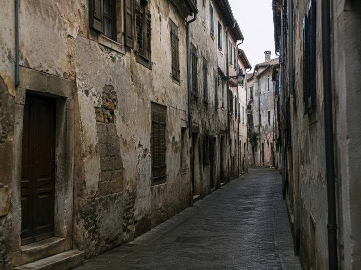 Facades deteriores bordant une rue etroite et sombre