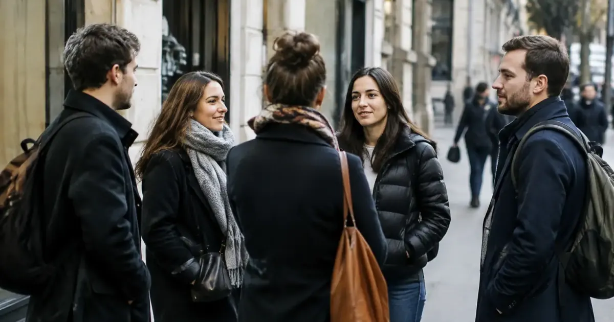 Groupe de passants debout sur un trottoir