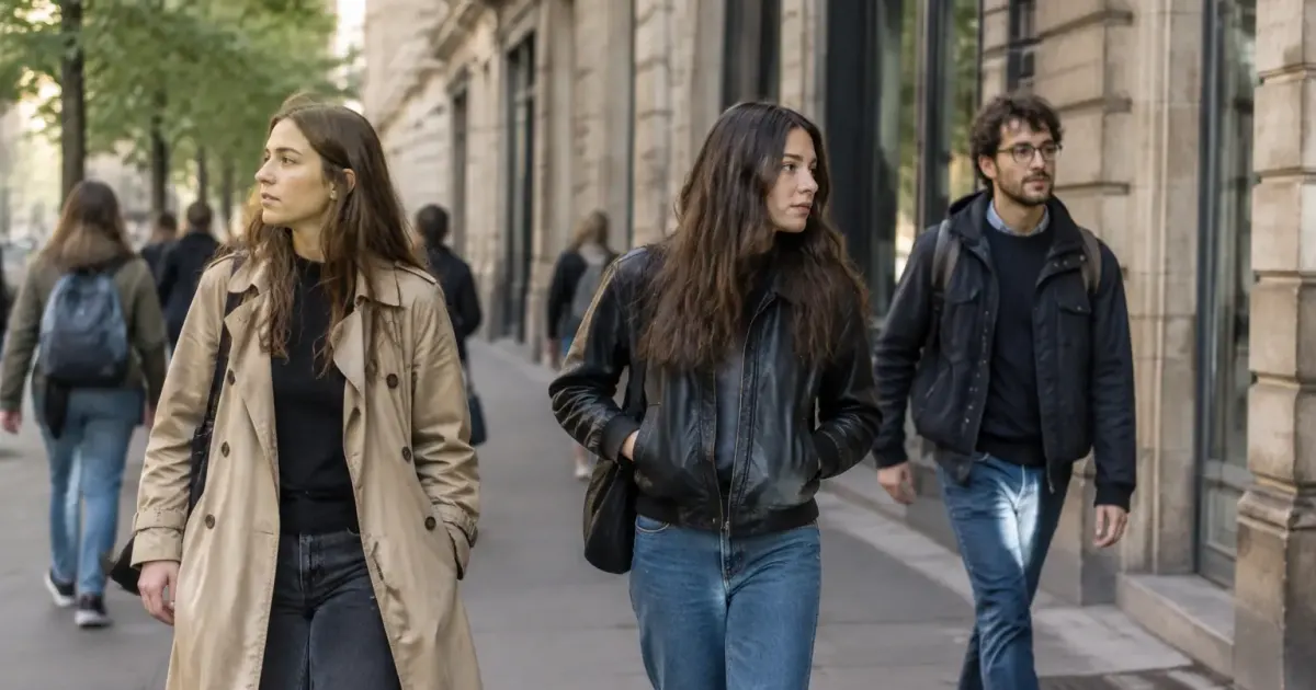 Groupe de passants marchant sur trottoir devant immeubles