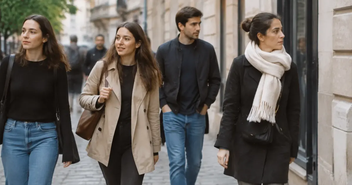 Groupe de passants marchant sur un trottoir pave
