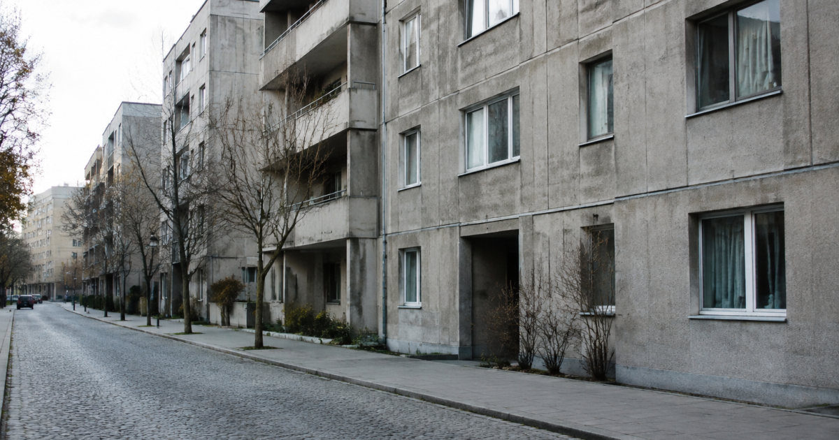 Immeuble beton gris dominant rues pave desertes