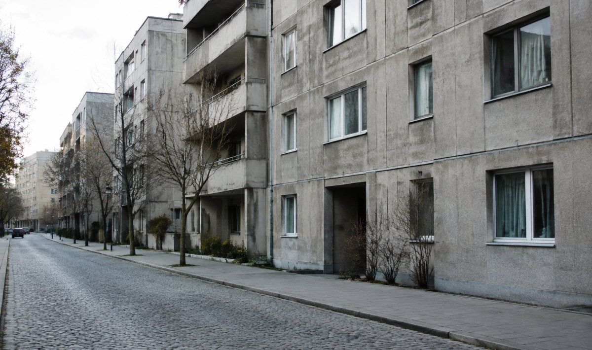 Immeuble beton gris dominant rues pave desertes