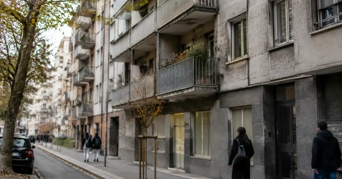 Immeubles gris avec balcons et passants sur le trottoir