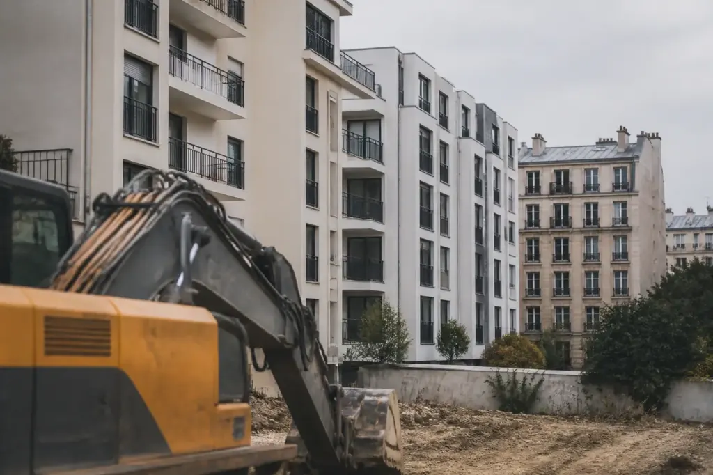Immeubles résidentiels alignés avec grue de chantier au premier plan