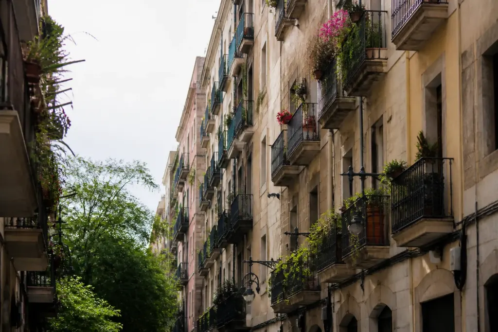Immeubles serrés aux balcons fleuris le long d'une rue