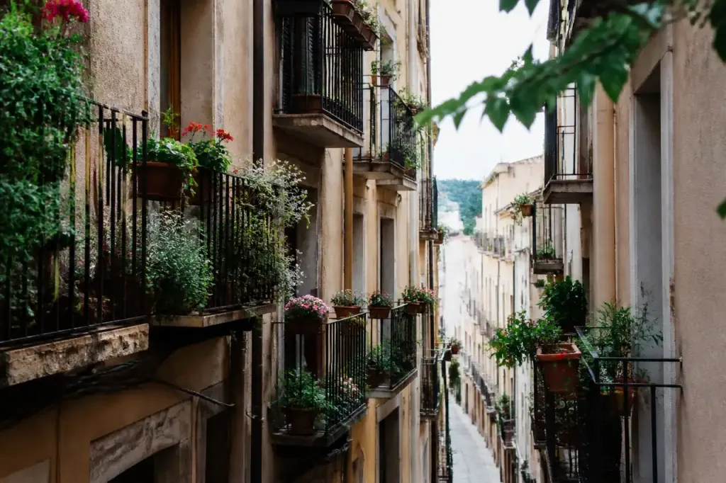 Immeubles serres avec balcons fleuris bordant une rue etroite
