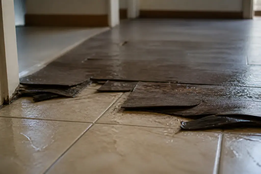 Lames de parquet gonflees et noircies sur carrelage mouille