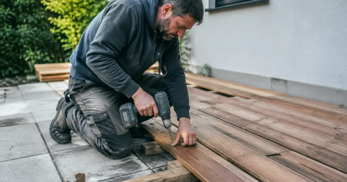 Ouvrier agenouillé fixant lames de bois sur dalles