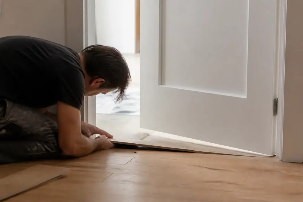 Ouvrier posant un parquet clair sous une porte entrouverte