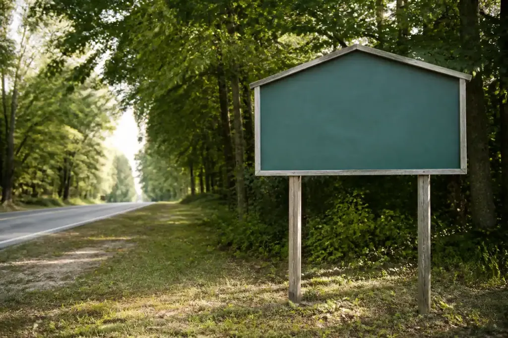 Panneau de bienvenue municipal sur une route bordee d'arbres