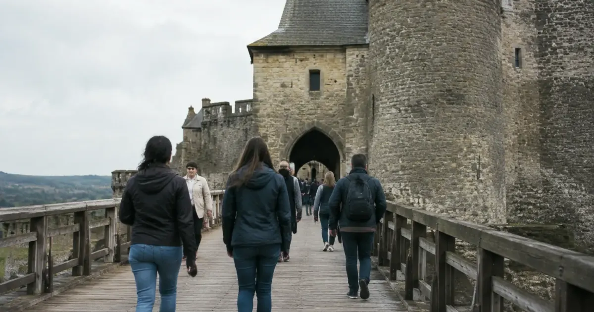 Passants marchant sur un pont pres du donjon