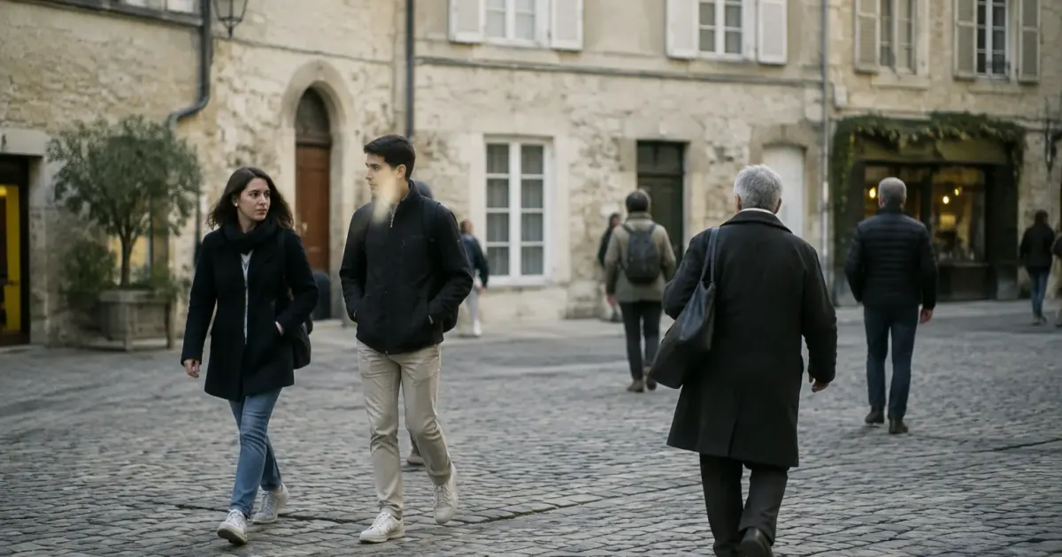 Passants traversant une place pavee devant des maisons anciennes