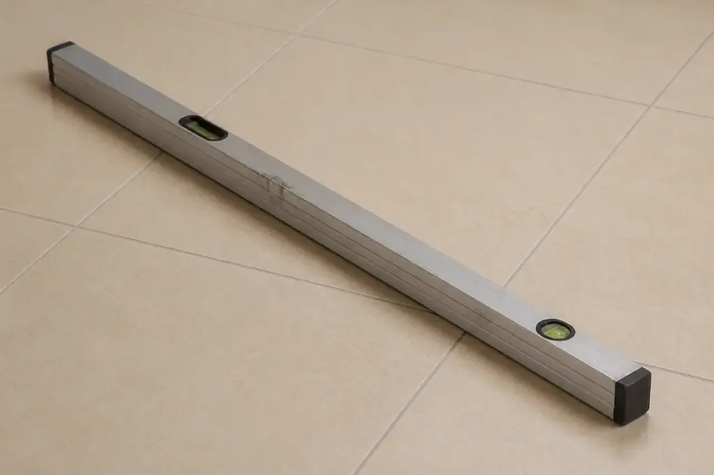 Regle aluminium posee sur carrelage beige propre et sec