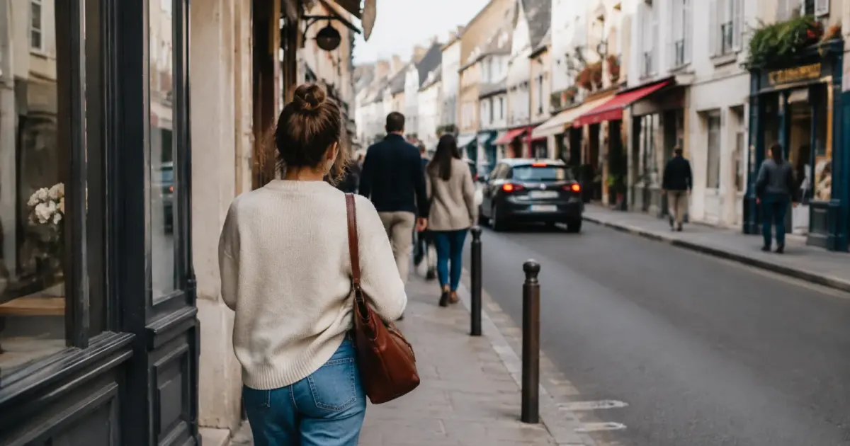Rue animee avec immeubles bas et passants sur trottoir