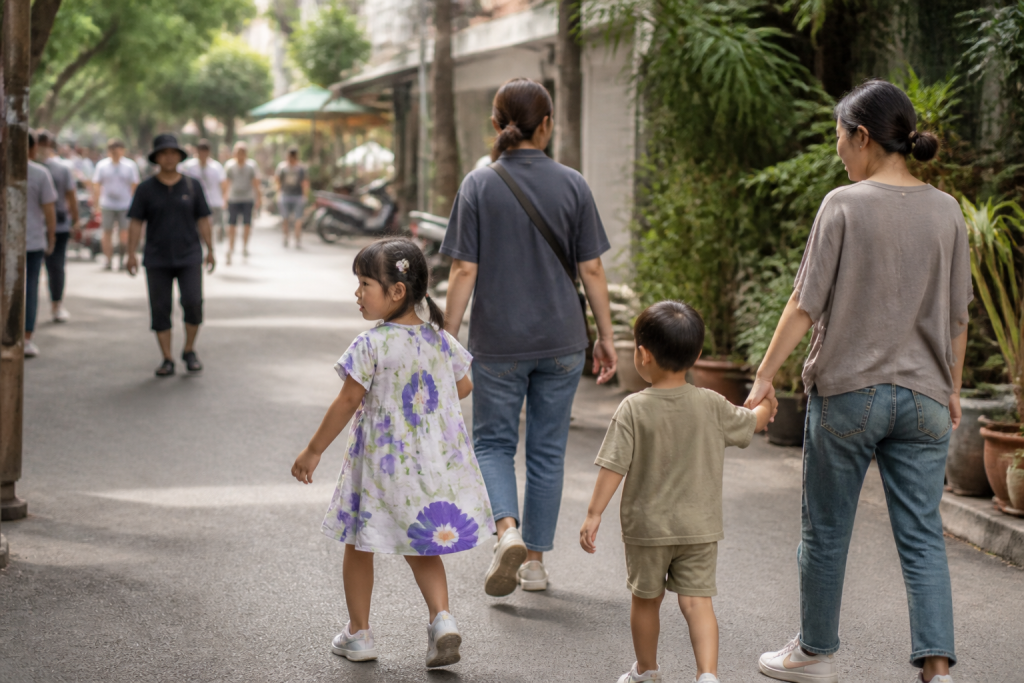 Rue animee avec jeunes familles et enfants