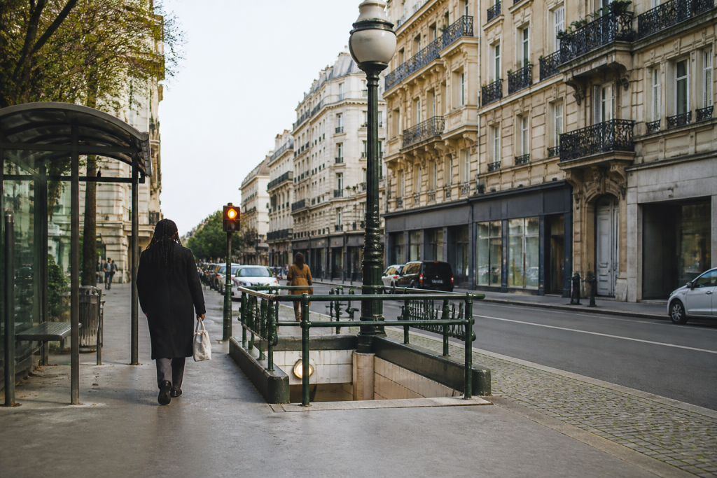 Rue commercante immeubles carrefour arret bus metro