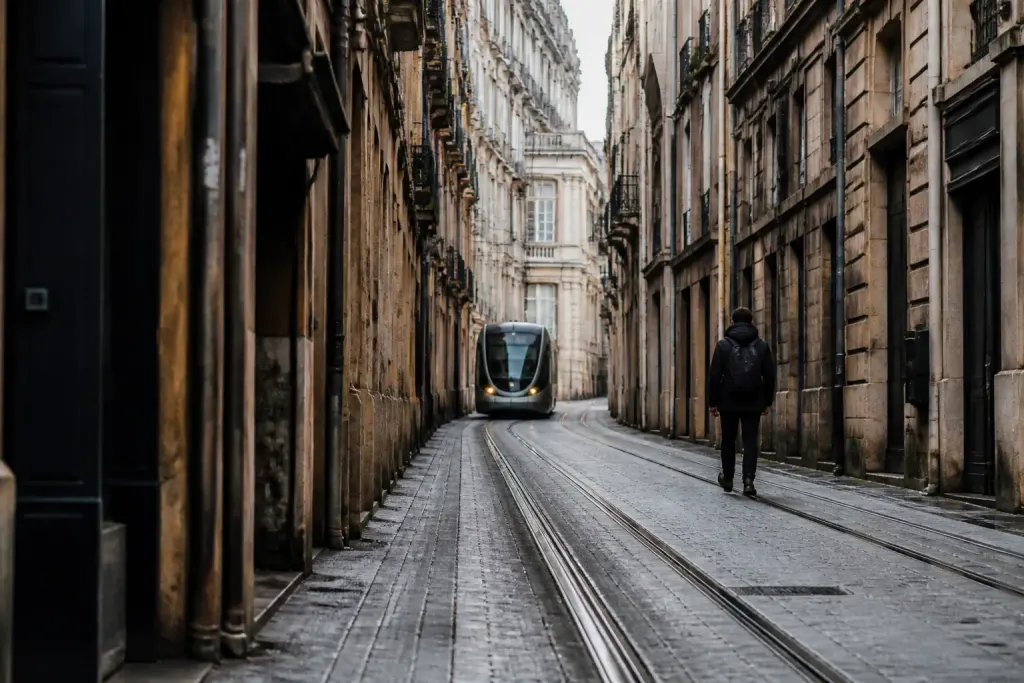 Rue etroite bordee de hauts immeubles serres avec tramway
