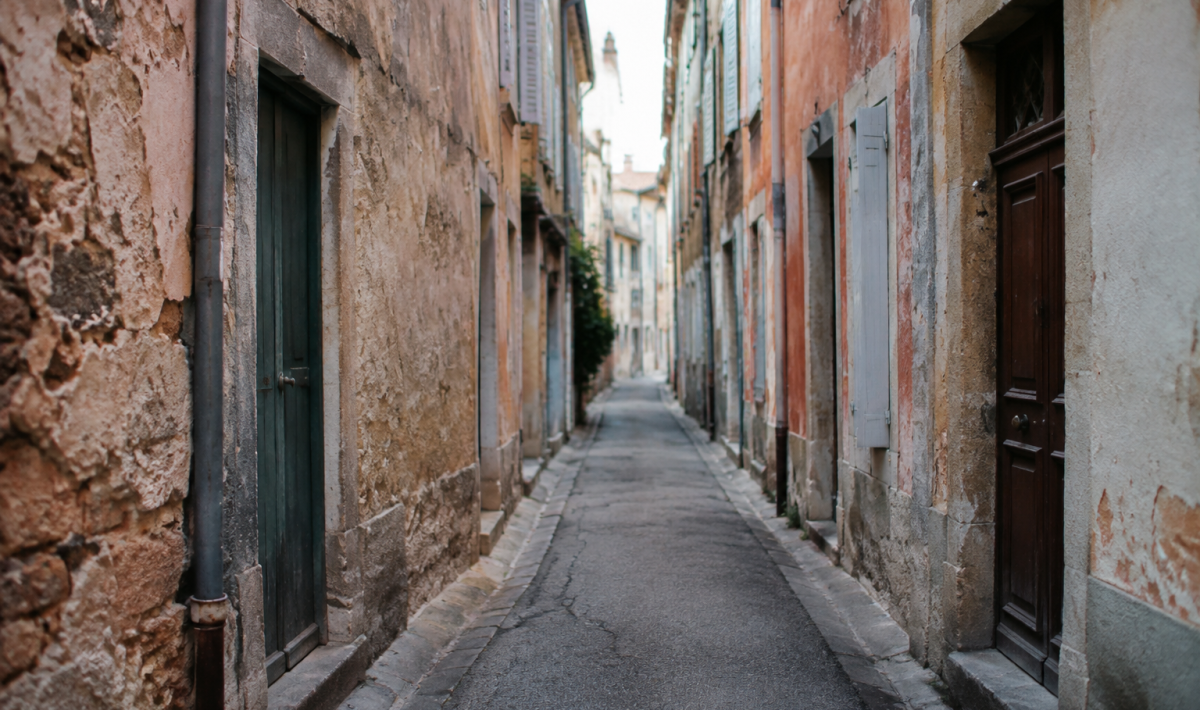 Rue etroite avec facades degradees et portes fermees