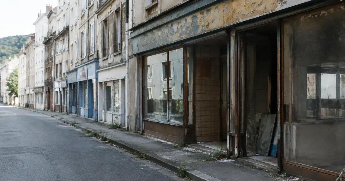 Rues urbaines avec batiments degrades et commerces abandonnes