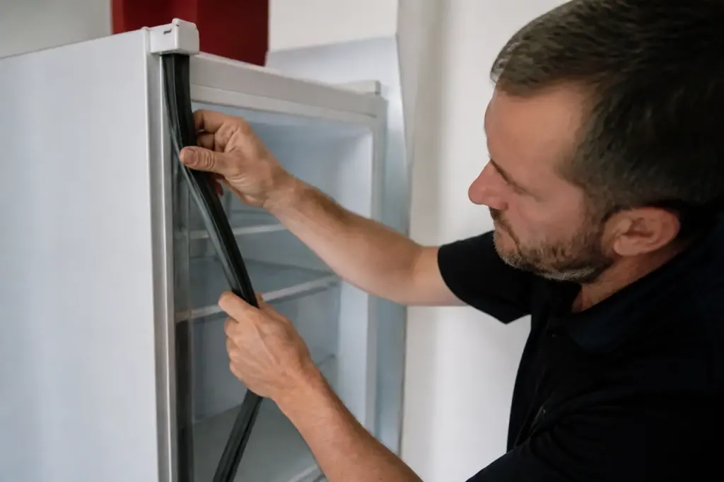 Technicien retirant un joint noir fissure sur un refrigerateur