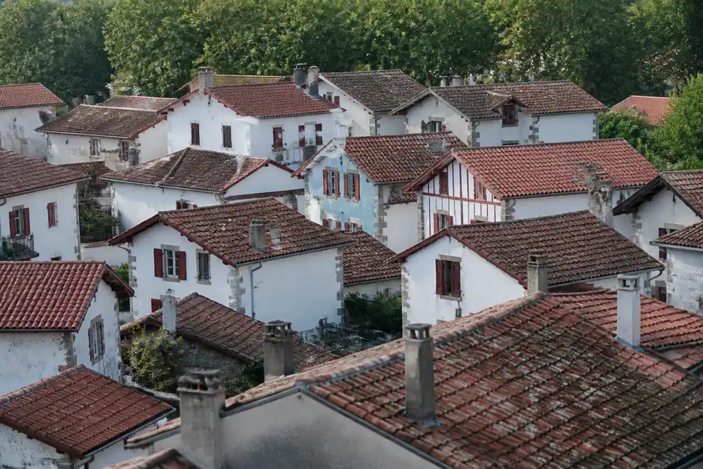 Vue aerienne de maisons avec toits rouges
